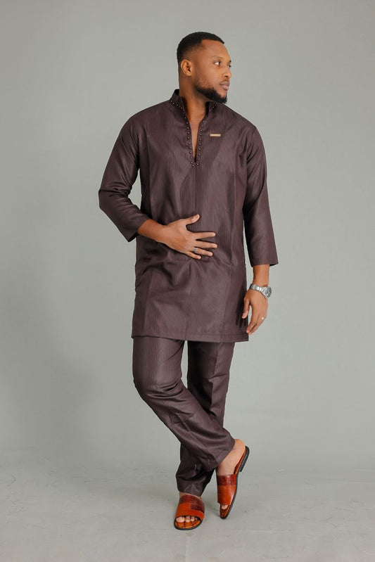 Ensemble Tunique Sultan d'Ocre – Marron Caramel & Plastron Géométrique Doré